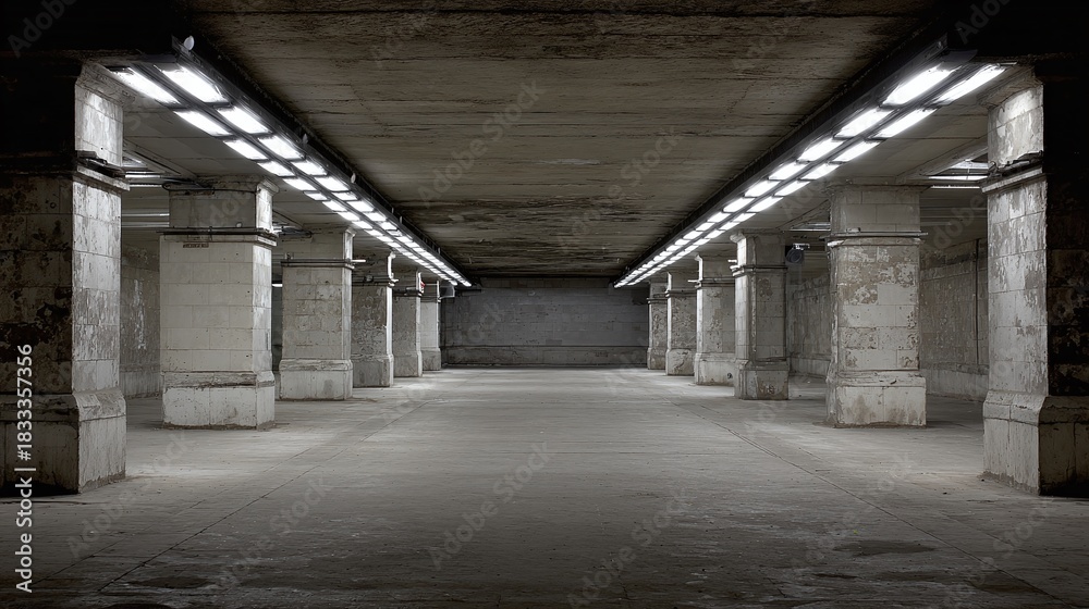 Fototapeta premium An underground parking area, the concrete floor is lit by artificial light. The concrete columns and the raw concrete ceiling create a functional aesthetic, urban space.