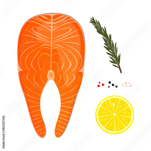 Raw salmon steak with lemon, rosemary, and seasoning