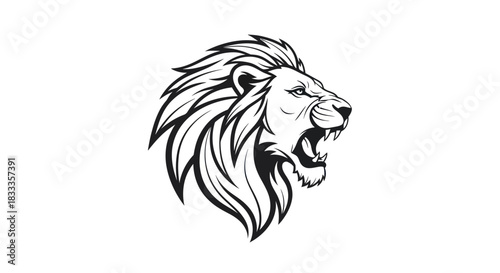 Lion Head Roaring with Detailed Mane in Black and White.
