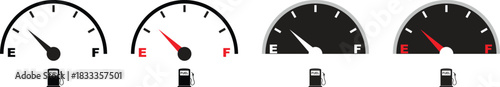 Set of fuel gauge meter icons with full and empty indicator signs. Car dashboard elements showing petrol level. Automotive gas symbol. Vector illustration isolated on transparent background.