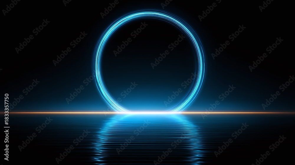 Obraz premium A glowing cyan circle hovers above water, reflecting a parallel orange line on the water's surface. The contrast of light and dark creates a futuristic, serene scene.