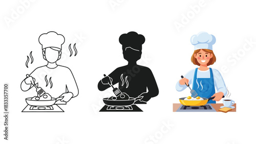 Collection of three chef icons showing a female cook stirring food in a pan in line art, silhouette, and full color vector style