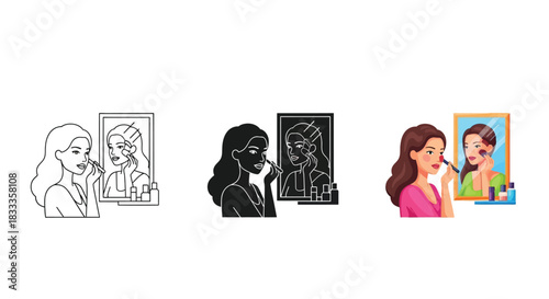 Woman applying makeup while looking in mirror in three different styles outline, silhouette, and color illustration