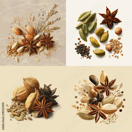 Detailed botanical illustration of assorted spices including star anise, cardamom, nutmeg, and seeds arranged in natural compositions for culinary and organic themes.
