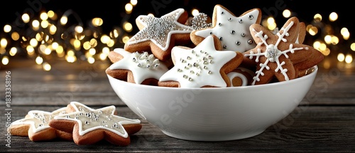Christmas gingerbread cookies in a bowl with festive bokeh lights perfect for holiday celebrations and sweet treats display