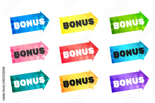 Set of colorful modern arrow stickers with bonus text flat vector without background