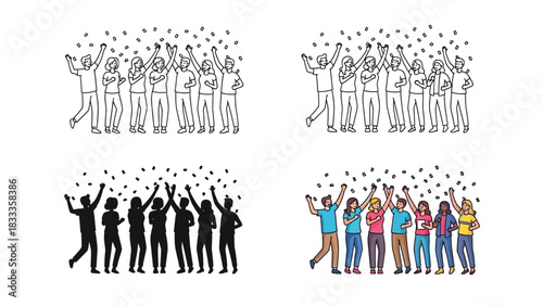 Collection of four illustrations depicting diverse groups of people celebrating with confetti falling, shown in outline, silhouette and color styles