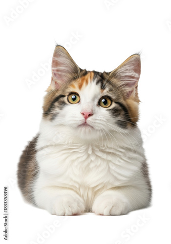 extremely fluffy calico cat with brilliant amber eyes and long silky fur, lying prone on a clean high-key white background, medium close-up, concept for pet product advertisement