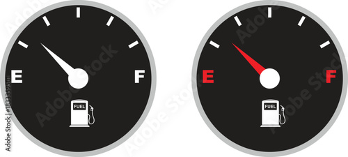 Set of fuel gauge meter icons with full and empty indicator signs. Car dashboard elements showing petrol level. Automotive gas symbol. Vector illustration isolated on transparent background.