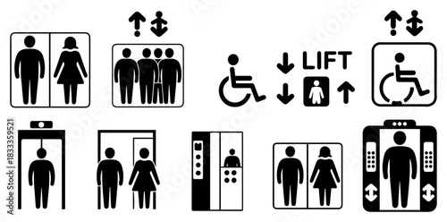 restroom elevator signage icon set