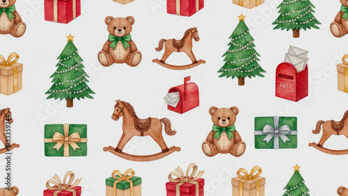 A charming, festive pattern designed with watercolor-style Christmas elements on a clean white background.  the gifts, cuddly brown teddy bears with green bows and classic brown rocking horses 