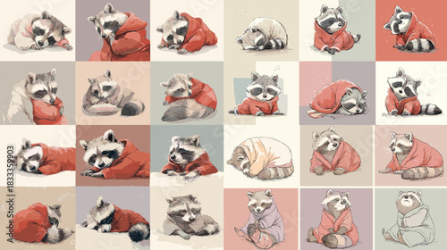 Adorable raccoon illustrations wearing soft sweaters in calm pastel tones. Perfect for nursery art, children themes, stickers, prints, cards, and cozy seasonal designs.