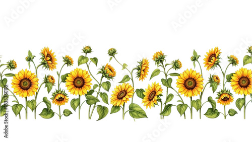 High-quality colorful art of a horizontal border of sunflowers with curved stems and leaves, elegant botanical design on white background