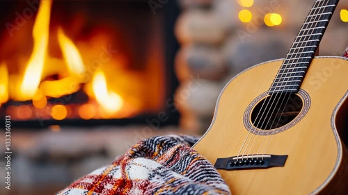 Acoustic guitar by cozy fireplace with flickering flames and warm blanket ambience