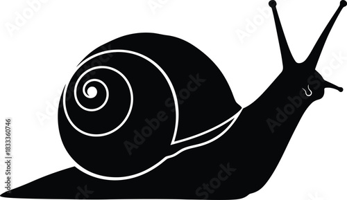 Minimalist black silhouette of a snail, a clean flat vector illustration with solid fill, no outlines, and high contrast against a white background