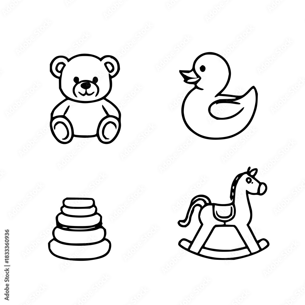 Naklejka premium Four Simple Black Silhouette Icons of Children's T