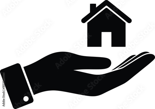 Minimalist flat vector icon of a hand holding a house, symbolizing real estate, home ownership, property care, housing solutions, and secure living