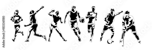 Sports, group of athletes, active people. Rugby, cricket, running, basketball, handball, soccer, hockey. Isolated vector drawing