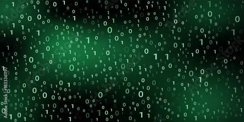 Vector digital code rain in a Matrix inspired futuristic style. High-tech backdrop with glowing binary characters. Binary Software Programming Code Background. Digital Data Technology Concept.
