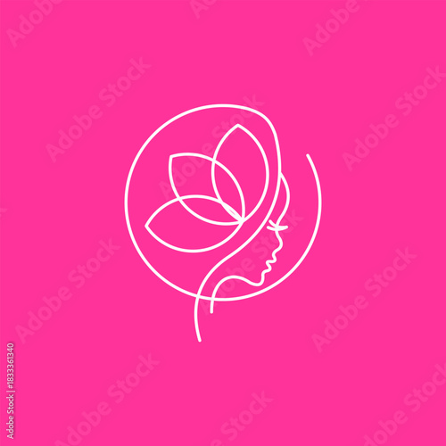 Elegant line art logo featuring a woman's graceful profile with a lotus flower, symbolizing natural beauty, wellness, and femininity on a pink background