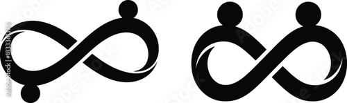 Minimalist vector infinity symbols with human figures. Black silhouettes on white, symbolizing enduring connection, unity, and lasting relationships