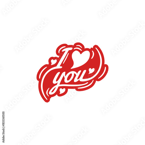 Romantic 'I love you' message with heart symbol in a red calligraphic style. A declaration of love typography sticker for Valentine's Day or anniversary