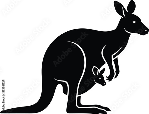 Minimalist Black Silhouette Vector Illustration of a Mother Kangaroo with her Joey in Pouch, Capturing the Essence of Australian Wildlife and Maternal Bond in a Striking High-Contrast Graphic