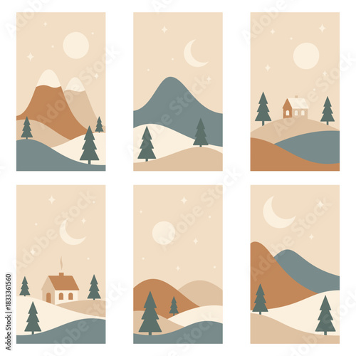 Minimalistic landscape set. Winter mountains in warm colors. Hand drawn vector illustrations