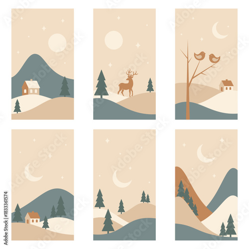 Minimalistic winter landscape set. Mountains in warm colors. Hand drawn original vector illustrations