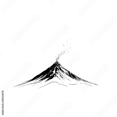 A monochrome sketch of an erupting volcano with smoke on a white background in an artistic style image
