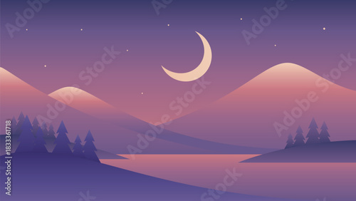 Minimalistic mountains and lake night landscape. Gradient vector art in purple colors. Hand drawn illustration