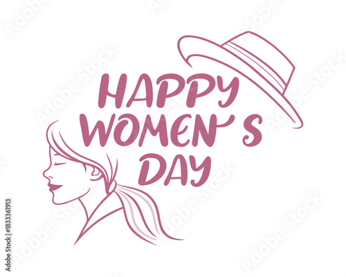 Celebrating International Womens Day with a Stylish Woman Illustration and Elegant Hat Design Featuring Happy Womens Day Typography Perfect for Greeting Cards and Social Media