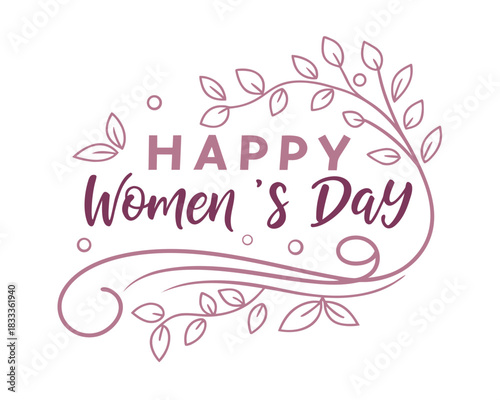 Elegant Happy Womens Day Celebration Design with Floral Accents and Curvy Elements for Greeting Cards and Social Media Posts