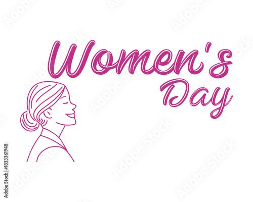 International Womens Day Illustration with Happy Woman Profile and Pink Text Symbolizing Empowerment and Celebration of Femininity