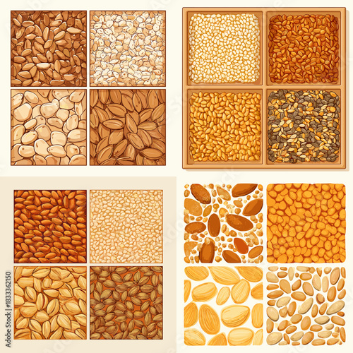 Collection of seed and grain textures in natural warm tones featuring detailed kernels, organic patterns, and botanical elements. Ideal for food design, agriculture themes, packaging, and backgrounds.