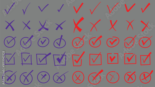 Hand drawn Brush Check marks doodle set. checkbox, checklist, tick and cross signs, drawn concept. Hand drawn chalkboard doodle sketch style vector illustration