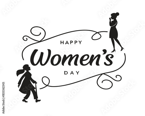 Happy Womens Day Illustration with Silhouettes of Women and Decorative Swirls Celebratory Greeting