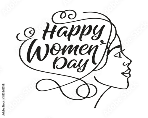 Happy Womens Day design with elegant woman profile and flowing typography for celebration and empowerment illustration
