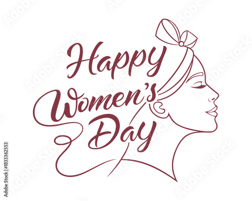 Elegant Happy Womens Day Illustration with Female Silhouette and Stylish Calligraphy for Celebratory Design Projects and International Holiday Greetings