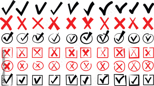Hand drawn Black , Red, Check marks doodle set. checkbox, checklist, tick and cross signs, pencil doodle style set. Vector elements style illustration