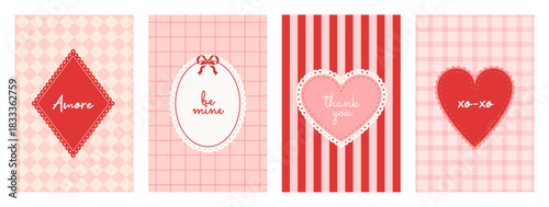 Set of Valentine's Day frames with text on seamless pattern background. Postcard with coquette border and hearts. Vintage whimsical design. Checkered and striped backdrop. Vector illustration
