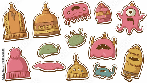 Colorful assortment of cartoon monster and hat-shaped cookies on a white background with brown outlines.