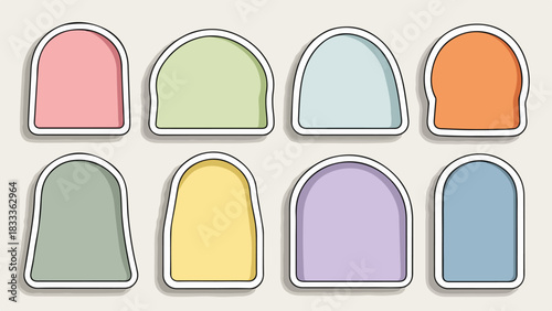Eight colorful rounded arch shapes in various hues on a beige background with white outlines and subtle shadows.