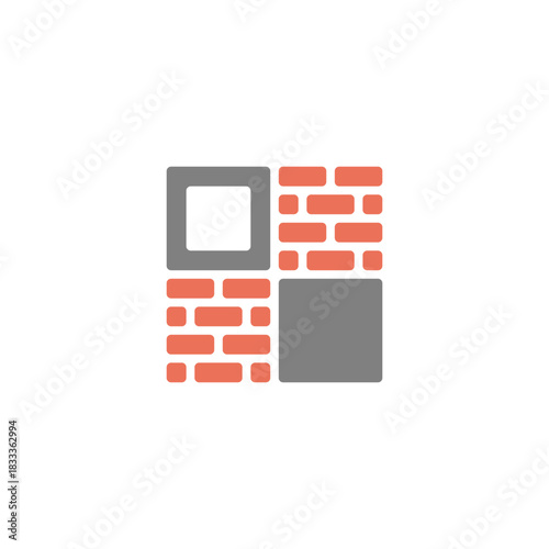 Abstract icon design concept for construction and real estate, featuring a brick wall pattern, window frame, and solid block