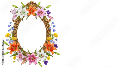 High-quality colorful art of a decorative oval frame adorned with blooming lilies and small flowers, intricate botanical linework on white background