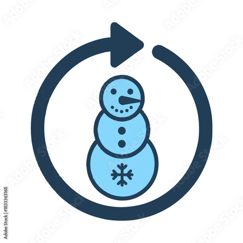 Vector icon of a round snowman in light and dark blue tones, symbolizing a renewal cycle or continuous process.