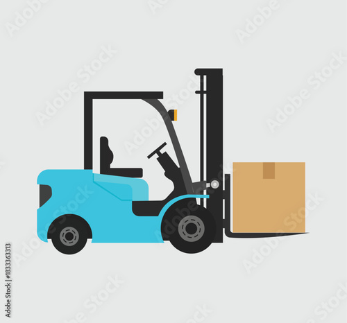 Blue forklift carrying a cardboard box, a symbol of logistics and delivery