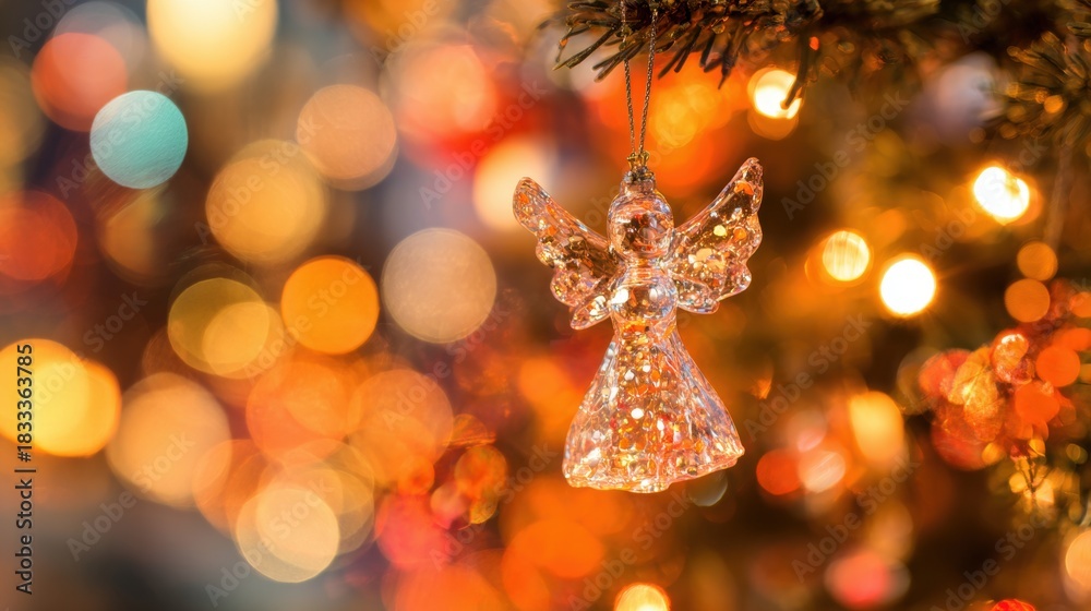 Obraz premium Beautiful glass angel ornament hanging on a festive Christmas tree