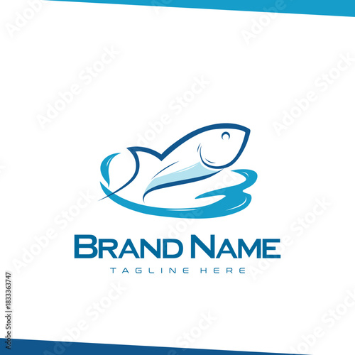 Blue Fish Jumping Graphic Design with Water Splash for aquatic, marine business identity