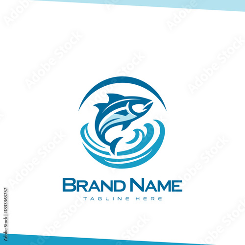 Blue Fish Jumping Out of Water Design Template for aquatic, marine business identity